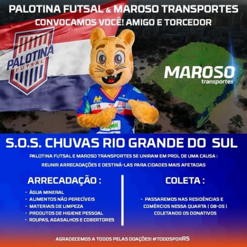 Palotina Futsal e Grupo Maroso vão arrecadar doações para vítimas de enchente no RS
