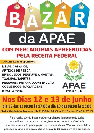 12 e 13 de junho, vai ter bazar da APAE em Palotina